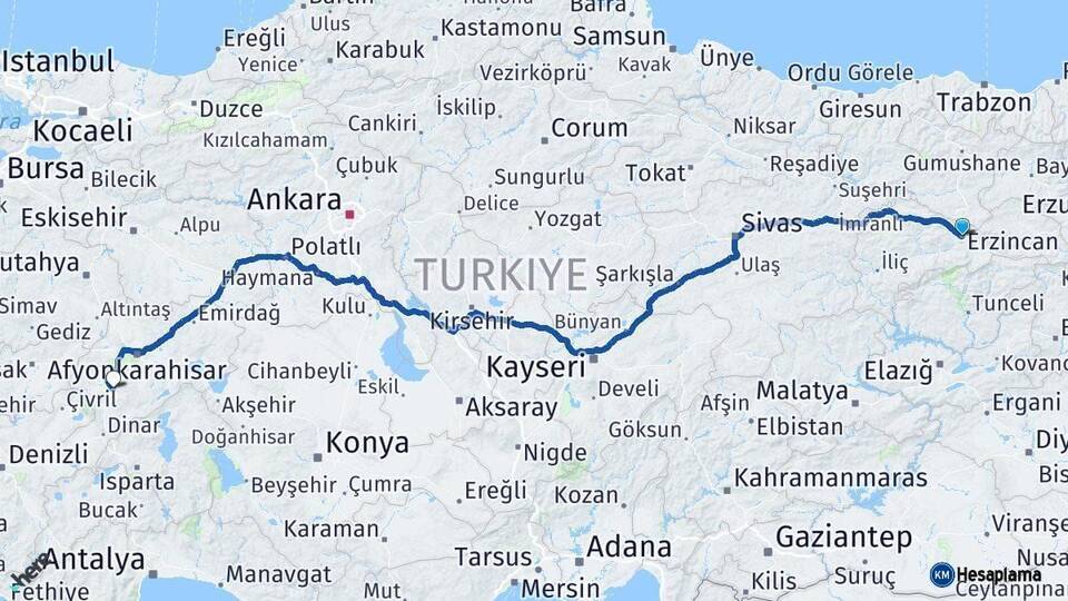 Erzincan Sandıklı Afyonkarahisar Arası Kaç Km - Yol Haritası
