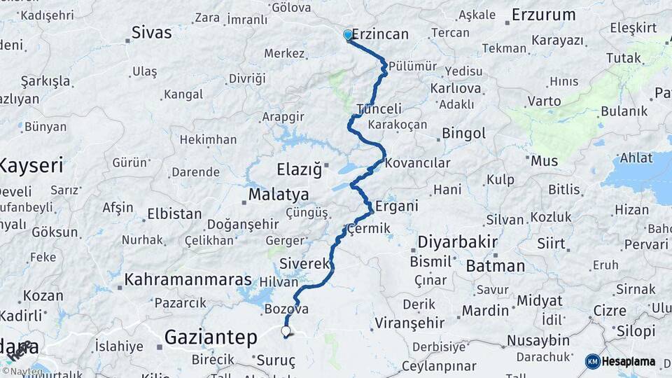 Erzincan Şanlıurfa Arası Kaç Km - Yol Haritası