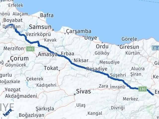 Erzincan Saraydüzü Sinop Arası Kaç Km - Yol Haritası