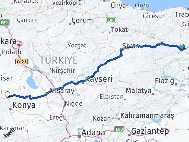 Erzincan Sarayönü Konya Arası Kaç Km - Yol Haritası