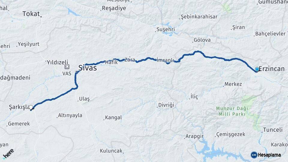 Erzincan Şarkışla Sivas Arası Kaç Km - Yol Haritası