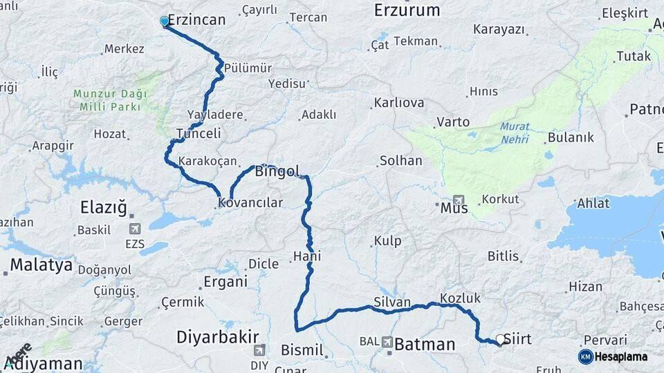 Erzincan Siirt Arası Kaç Km - Yol Haritası
