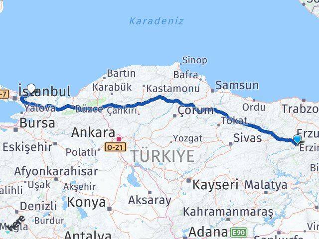 Erzincan Şile İstanbul Arası Kaç Km - Yol Haritası