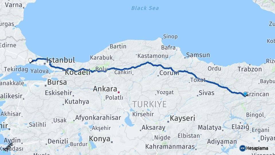 Erzincan Silivri İstanbul Arası Kaç Km - Yol Haritası