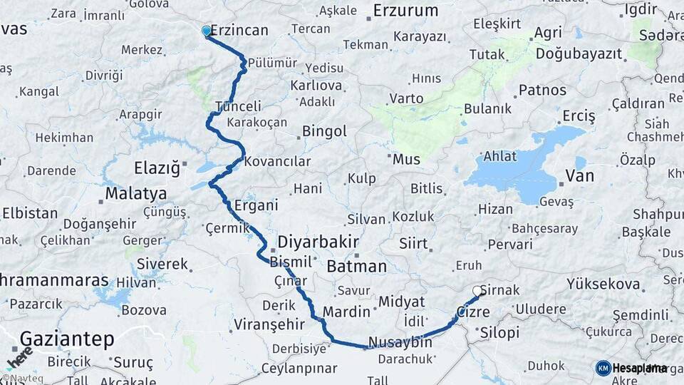 Erzincan Şırnak Arası Kaç Km - Yol Haritası