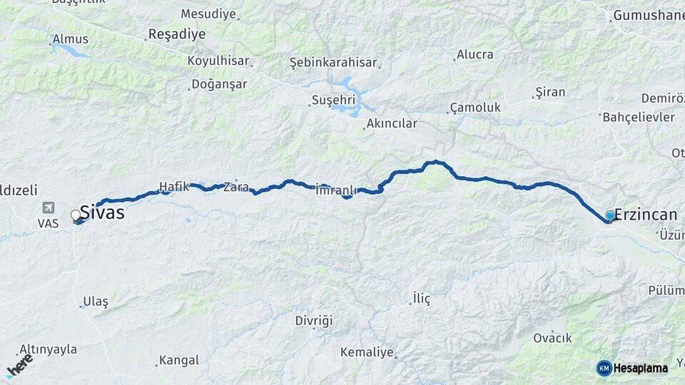 Erzincan Sivas Arası Kaç Km - Yol Haritası