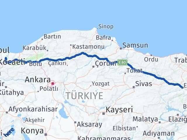 Erzincan Söğütlü Sakarya Arası Kaç Km - Yol Haritası