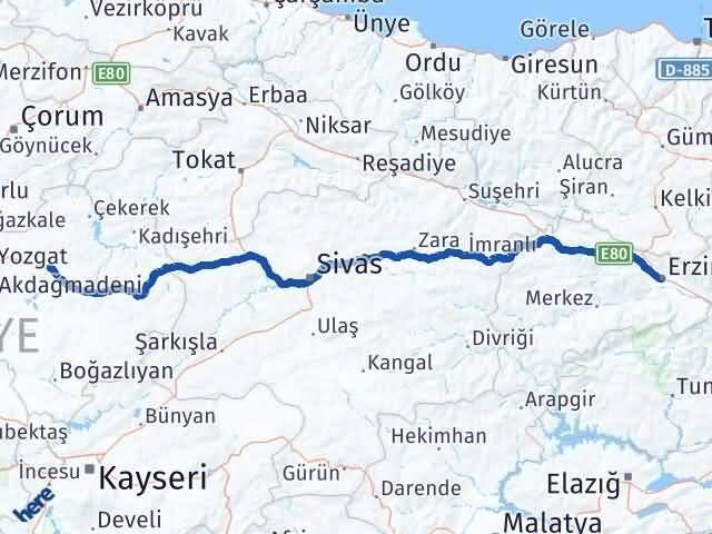 Erzincan Sorgun Yozgat Arası Kaç Km - Yol Haritası