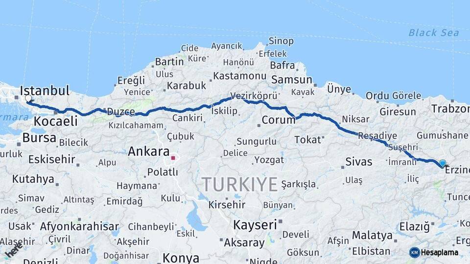 Erzincan Sultanbeyli İstanbul Arası Kaç Km - Yol Haritası