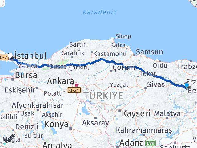 Erzincan Sultangazi İstanbul Arası Kaç Km - Yol Haritası
