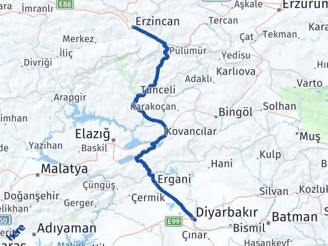 Erzincan Sur Diyarbakır Arası Kaç Km - Yol Haritası