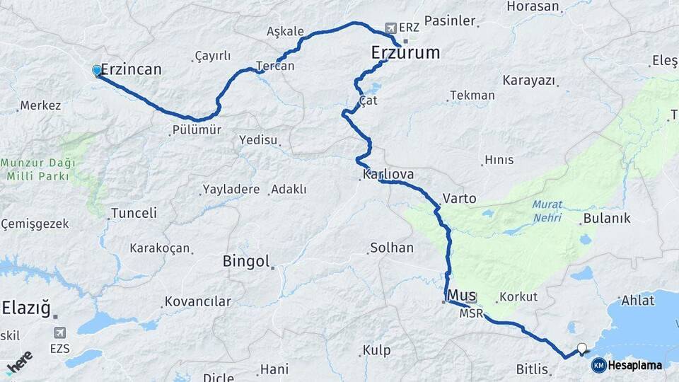 Erzincan Tatvan Bitlis Arası Kaç Km - Yol Haritası