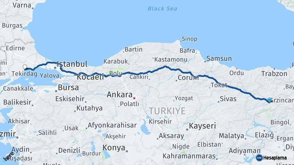 Erzincan Tekirdağ Arası Kaç Km - Yol Haritası