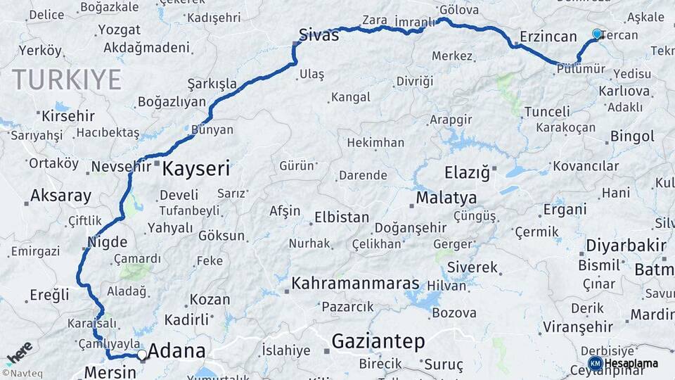 Erzincan Tercan Adana Arası Kaç Km - Yol Haritası