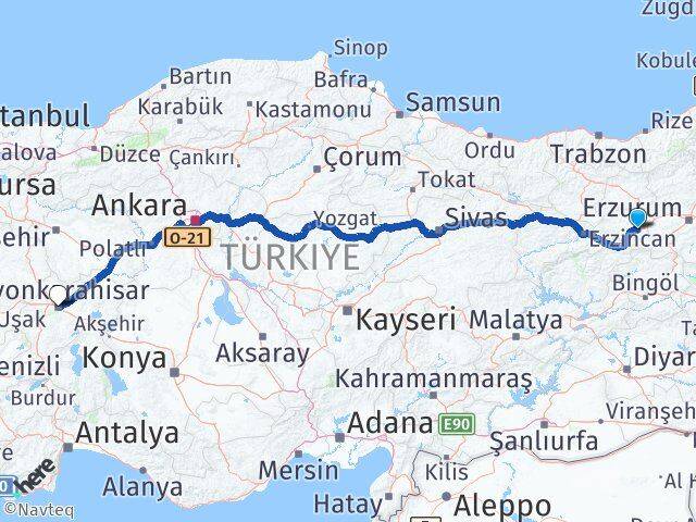 Erzincan Tercan Afyonkarahisar Arası Kaç Km - Yol Haritası
