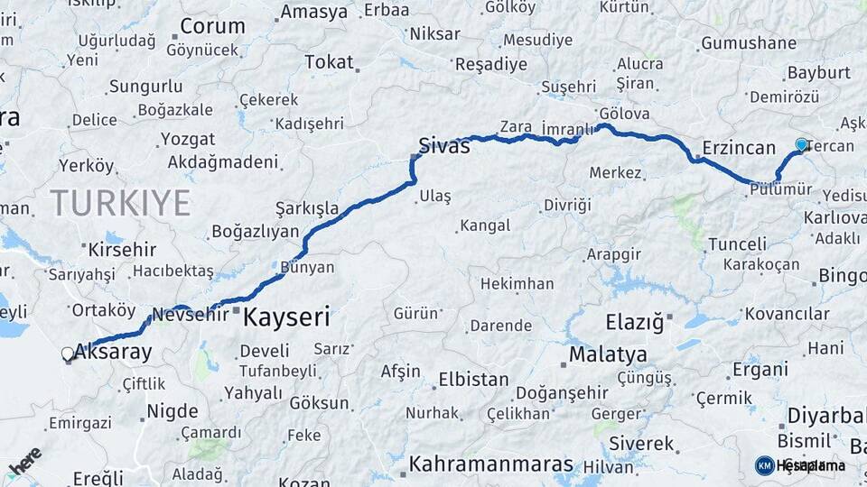 Erzincan Tercan Aksaray Arası Kaç Km - Yol Haritası