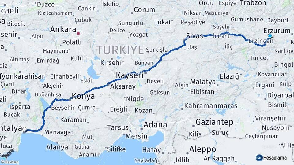 Erzincan Tercan Antalya Arası Kaç Km - Yol Haritası