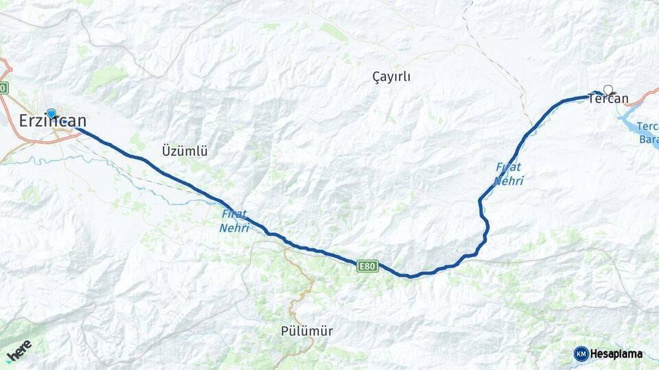 Erzincan Tercan Arası Kaç Km - Yol Haritası