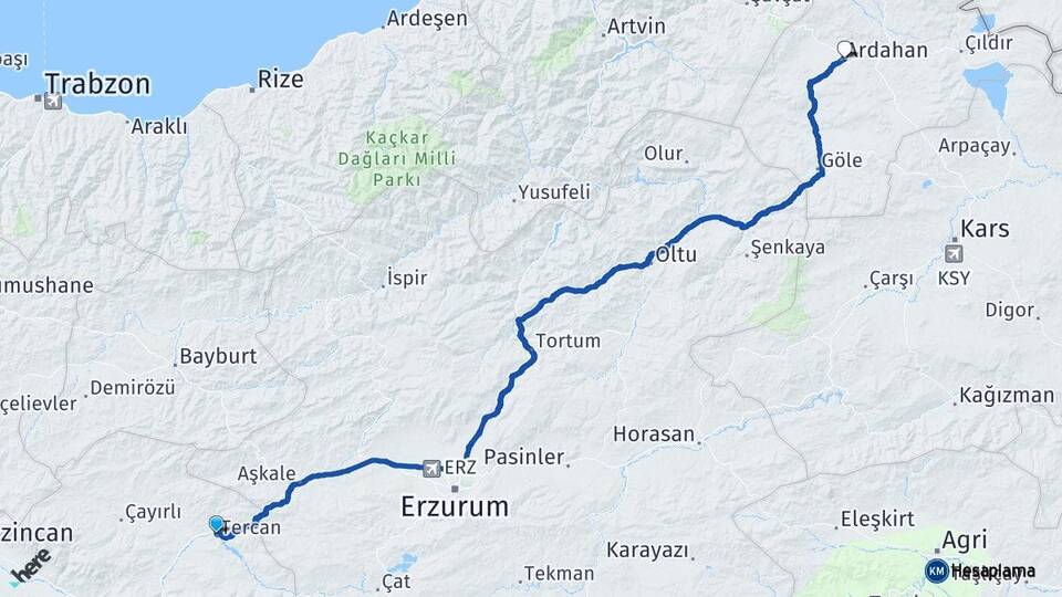 Erzincan Tercan Ardahan Arası Kaç Km - Yol Haritası