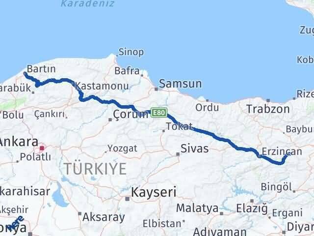 Erzincan Tercan Bartın Arası Kaç Km - Yol Haritası