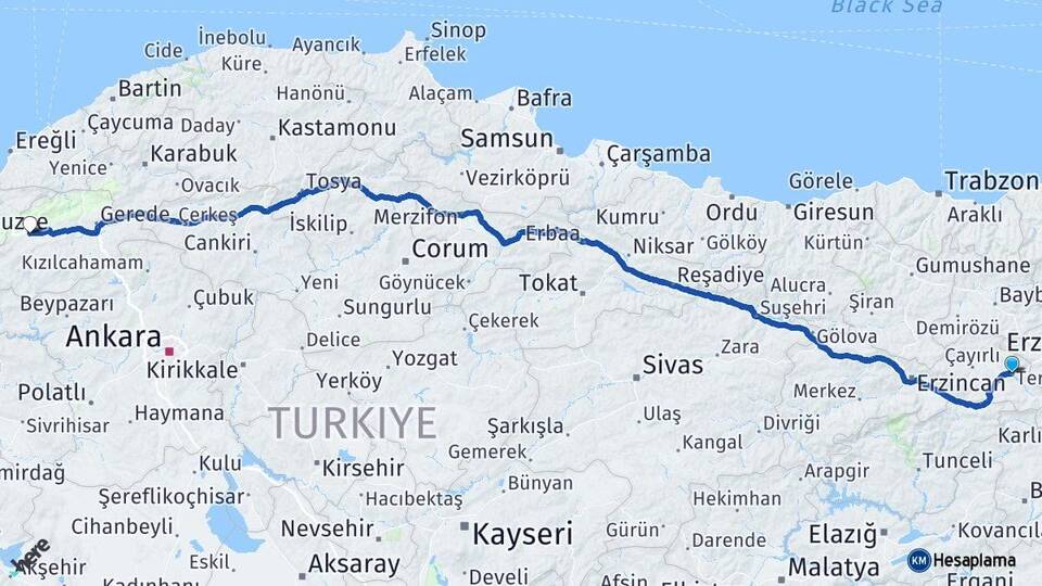 Erzincan Tercan Bolu Arası Kaç Km - Yol Haritası