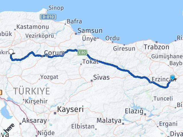 Erzincan Tercan Çankırı Arası Kaç Km - Yol Haritası