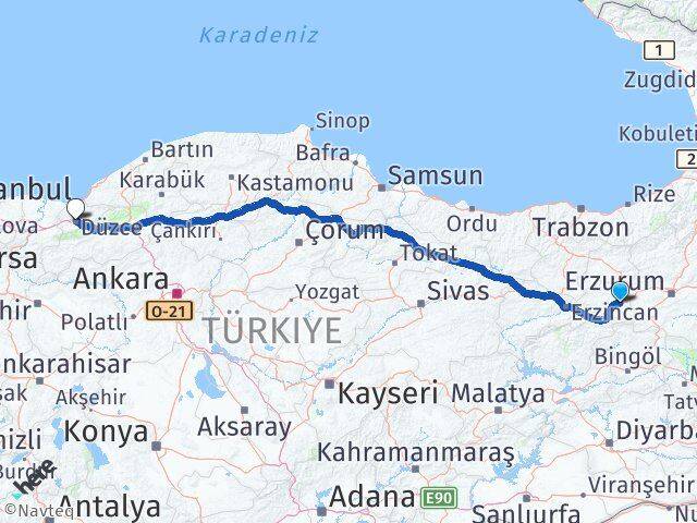 Erzincan Tercan Düzce Arası Kaç Km - Yol Haritası