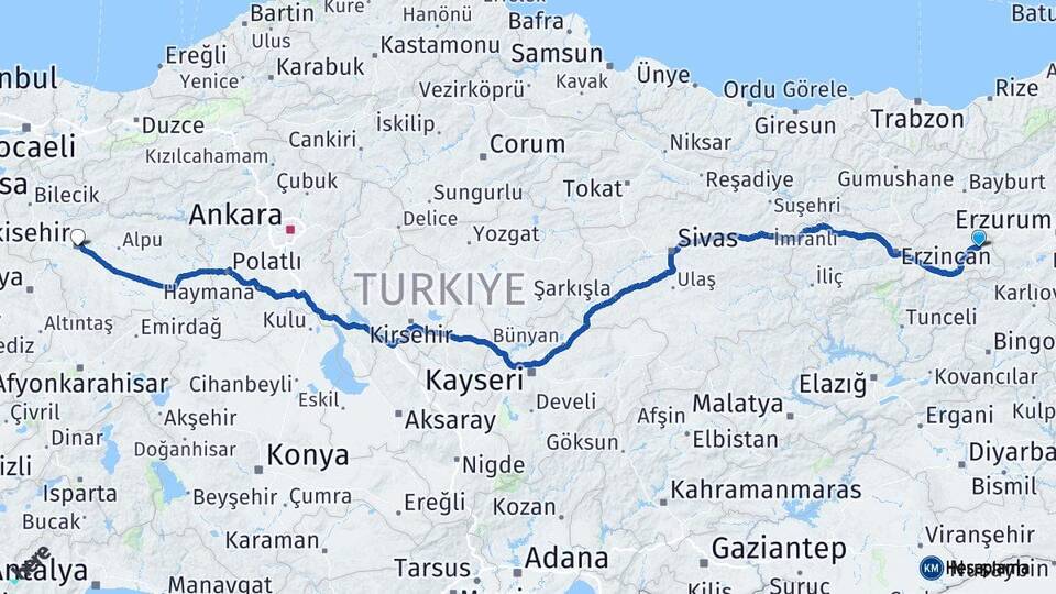 Erzincan Tercan Eskişehir Arası Kaç Km - Yol Haritası