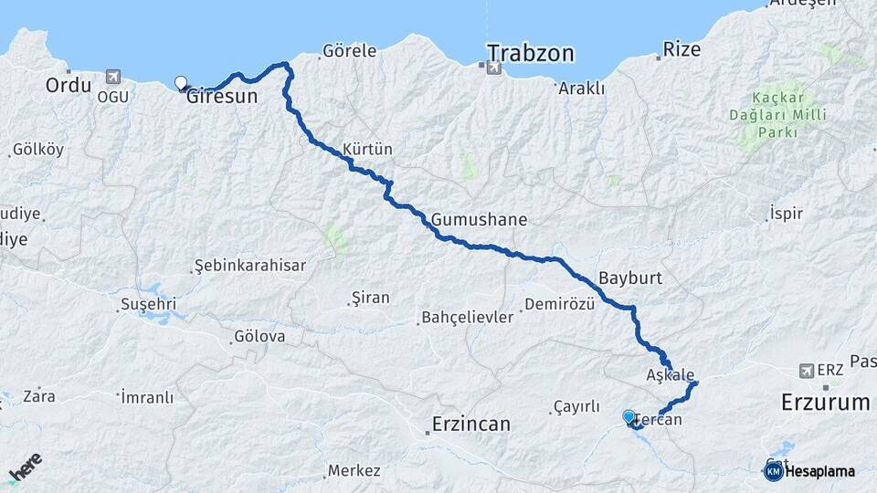 Erzincan Tercan Giresun Arası Kaç Km - Yol Haritası