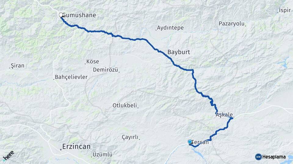 Erzincan Tercan Gümüşhane Arası Kaç Km - Yol Haritası