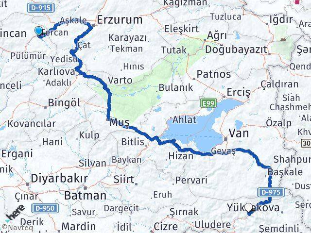 Erzincan Tercan Hakkari Arası Kaç Km - Yol Haritası
