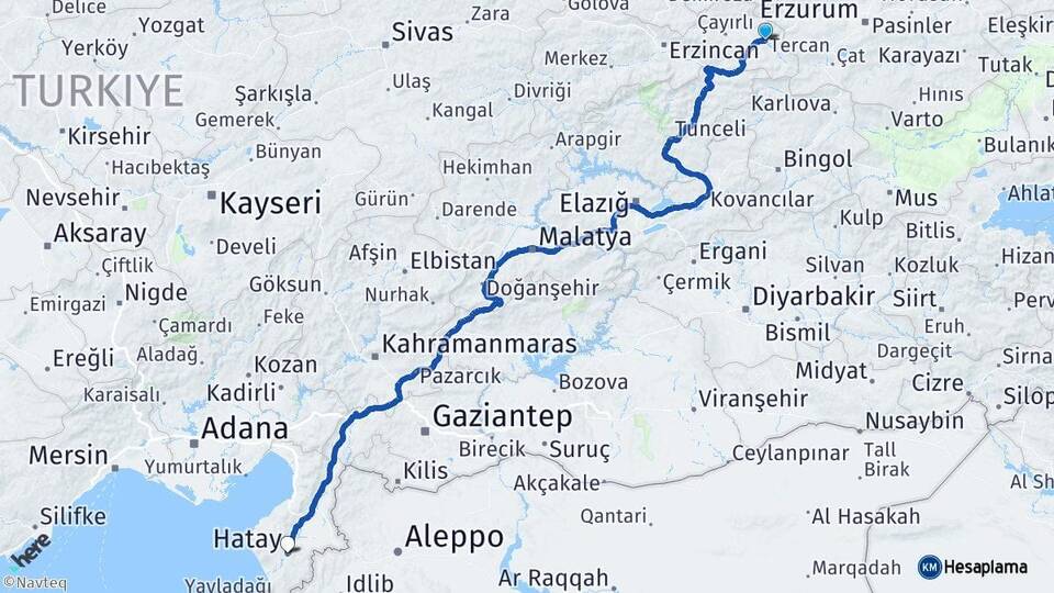 Erzincan Tercan Hatay Arası Kaç Km - Yol Haritası