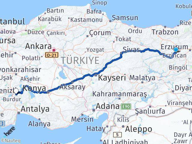 Erzincan Tercan Isparta Arası Kaç Km - Yol Haritası
