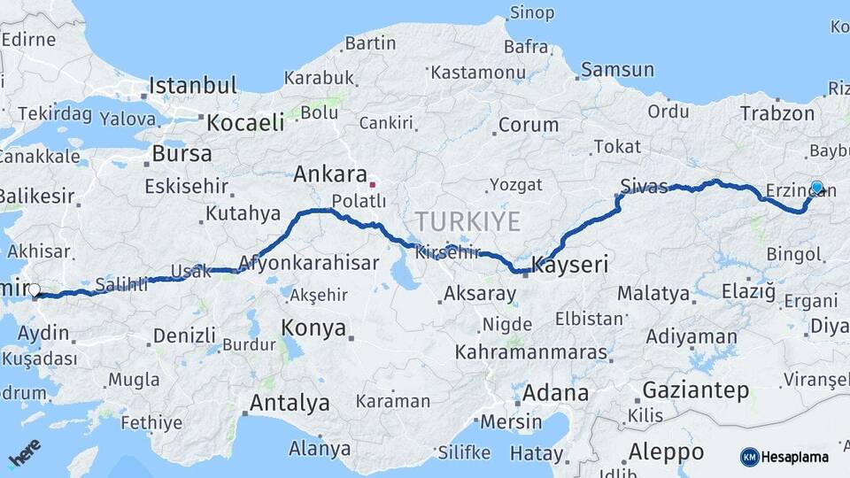 Erzincan Tercan İzmir Arası Kaç Km - Yol Haritası