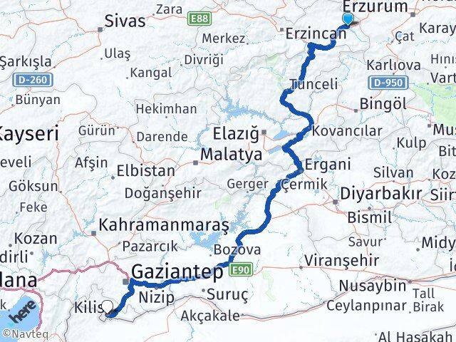 Erzincan Tercan Kilis Arası Kaç Km - Yol Haritası