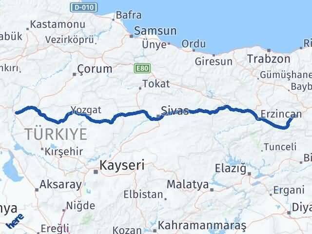 Erzincan Tercan Kırıkkale Arası Kaç Km - Yol Haritası
