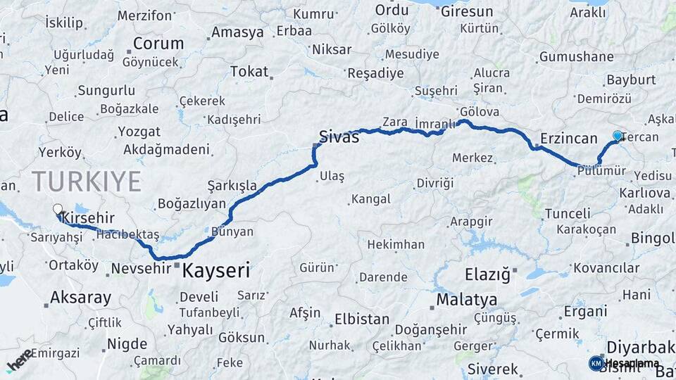 Erzincan Tercan Kırşehir Arası Kaç Km - Yol Haritası
