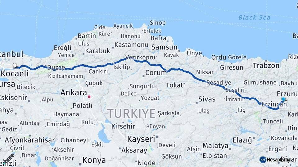 Erzincan Tercan Kocaeli Arası Kaç Km - Yol Haritası