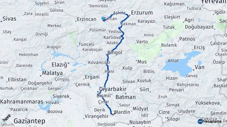Erzincan Tercan Mardin Arası Kaç Km - Yol Haritası