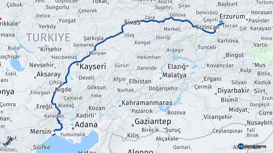 Erzincan Tercan Mersin Arası Kaç Km - Yol Haritası