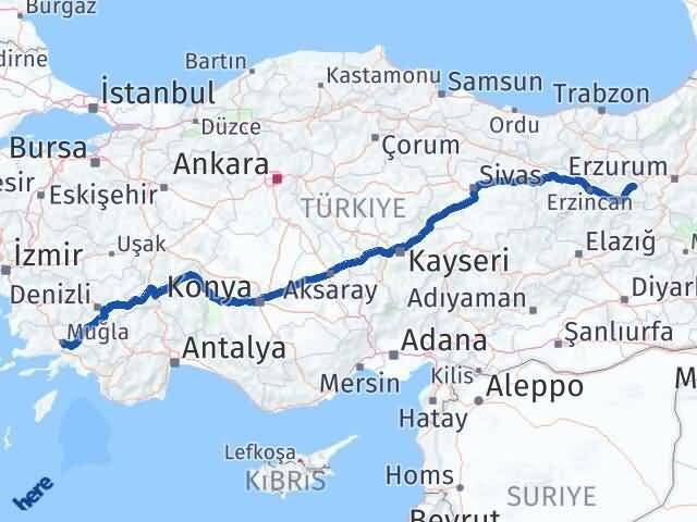 Erzincan Tercan Muğla Arası Kaç Km - Yol Haritası