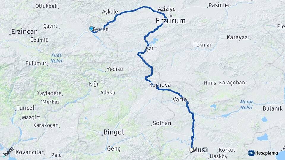 Erzincan Tercan Muş Arası Kaç Km - Yol Haritası