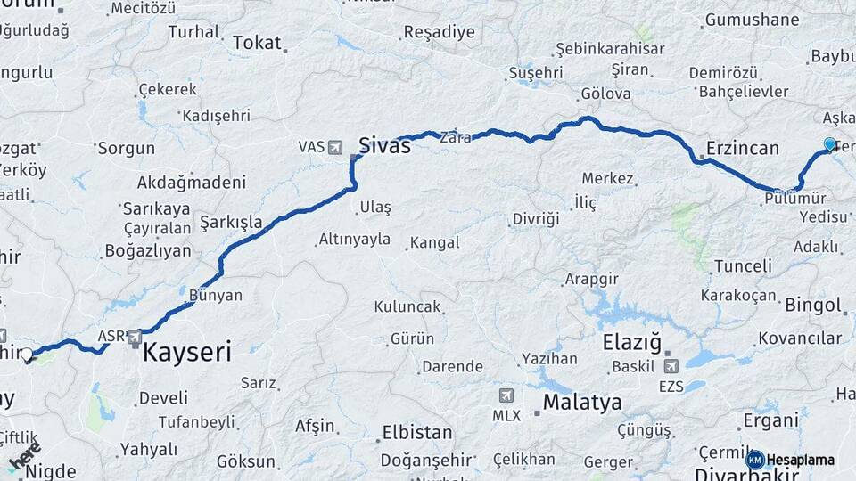 Erzincan Tercan Nevşehir Arası Kaç Km - Yol Haritası