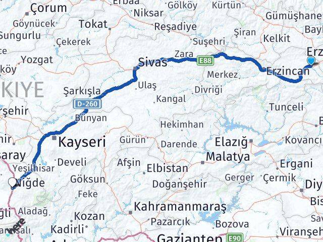 Erzincan Tercan Niğde Arası Kaç Km - Yol Haritası