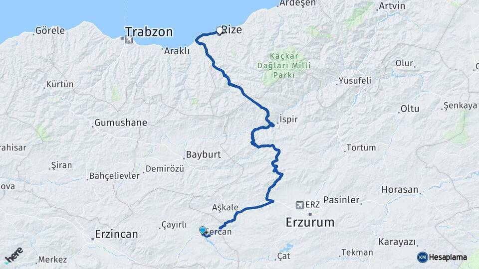 Erzincan Tercan Rize Arası Kaç Km - Yol Haritası