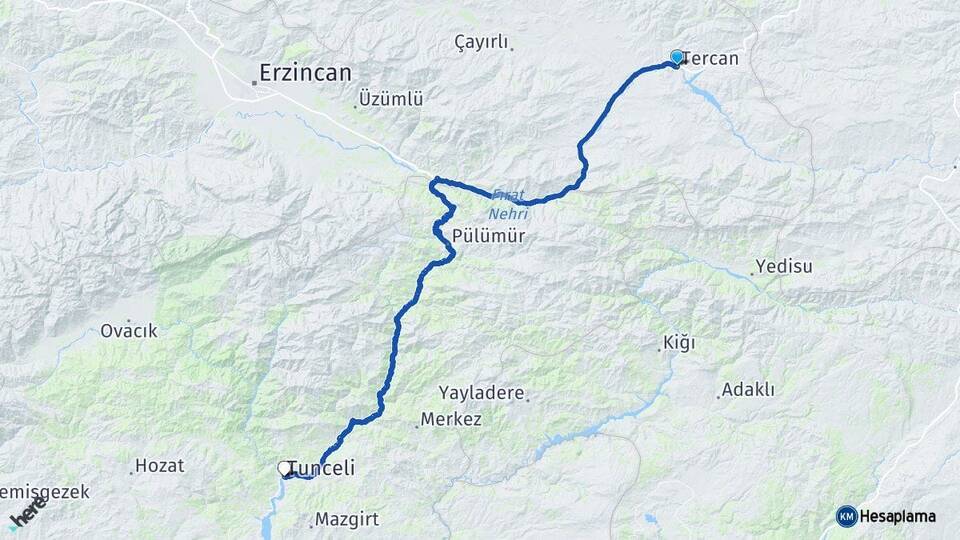 Erzincan Tercan Tunceli Arası Kaç Km - Yol Haritası