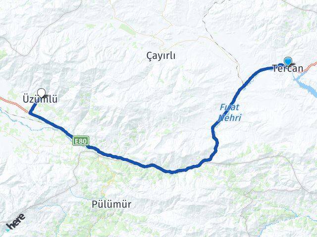 Erzincan Tercan Üzümlü Arası Kaç Km - Yol Haritası