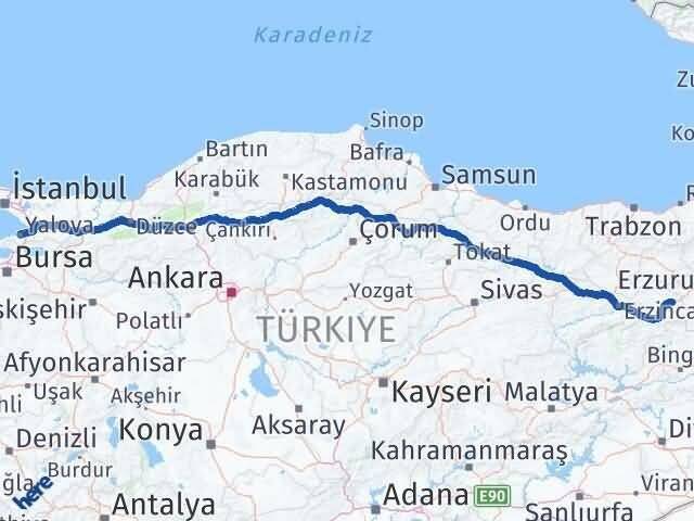Erzincan Tercan Yalova Arası Kaç Km - Yol Haritası