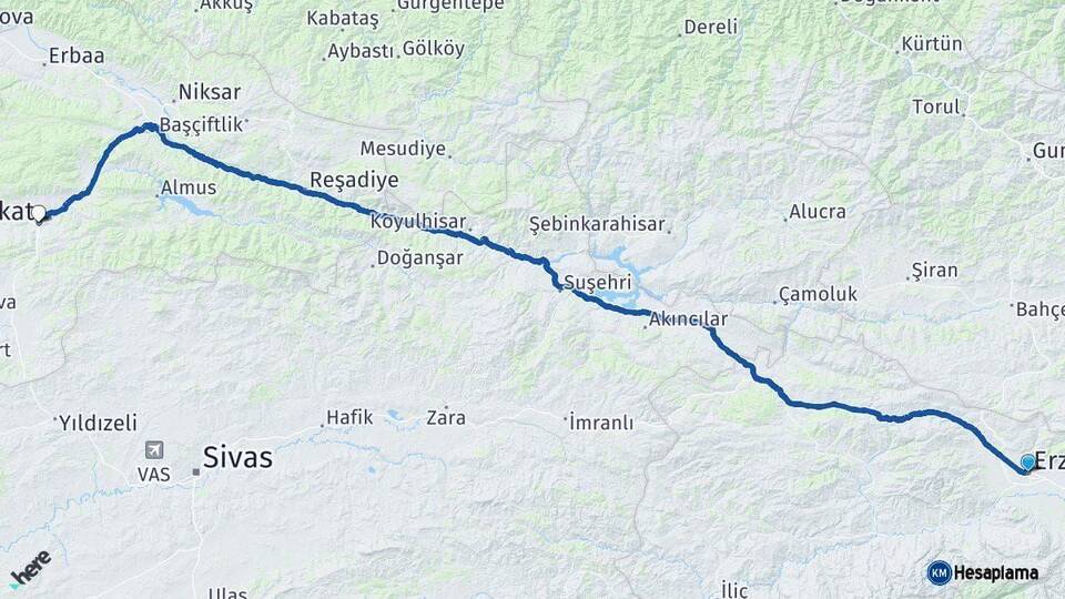 Erzincan Tokat Arası Kaç Km - Yol Haritası