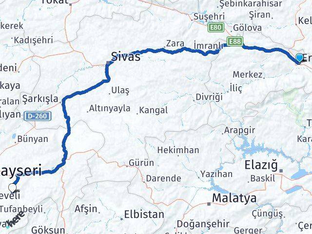 Erzincan Tomarza Kayseri Arası Kaç Km - Yol Haritası